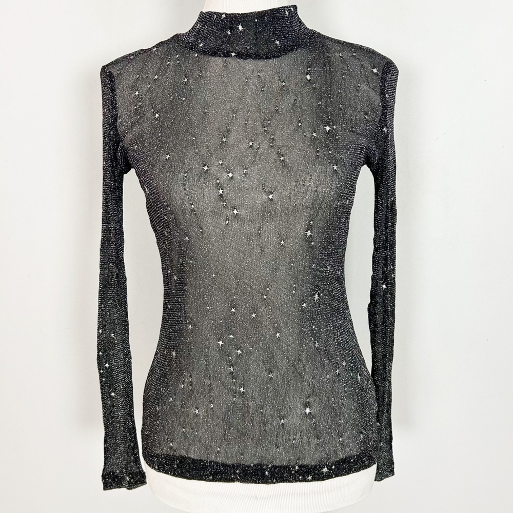 MangoPop Black Metallic Star Sheer Mesh Mock Neck Long Sleeve Top Small